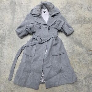 VTG Y2K Bebe Women Gray Rabbit Fur Collar Belted Trench Wool Coat Medium